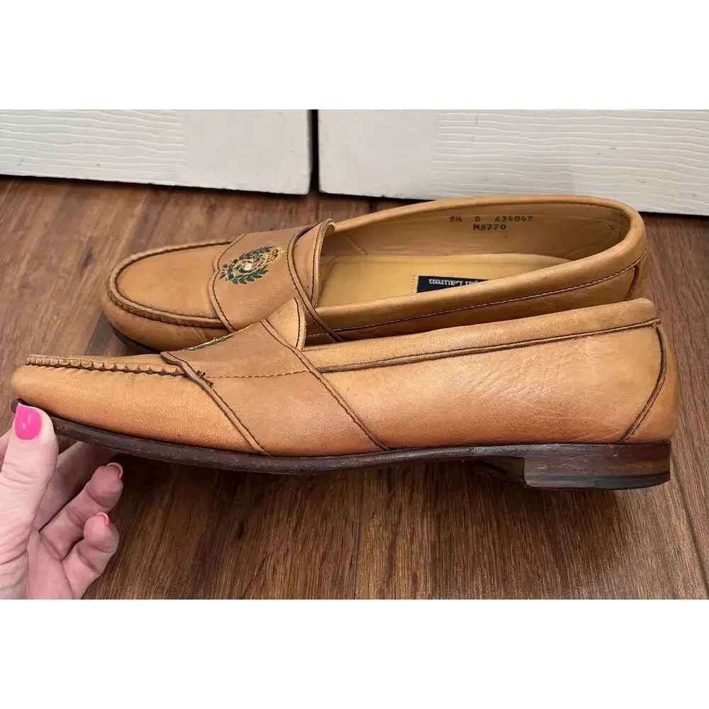 POLO RALPH LAUREN Men’s Vintage Camel Leather Embroidered Crest Loafers Sz 9.5D